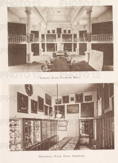 Library Room, Plummer Hall. Historical Room, Essex Institute, Interior of the library and a study room in Plummer Hall in Salem, page, photomechanical print, Salem (Massachusetts), maker: Heliotype Printing Company, Boston (Massachusetts), 1879-04, photographer, North America, Massachusetts, paper, photoaquatint, height 241 mm x width 165 mm, Prints opposite page 112., study, 'studiolo', library, secondary education, The image shows two sepia-toned interior photographs stacked vertically on a single page, each depicting a room with high ceilings and wall displays; the upper photograph features a spacious library room with tall columns, two tiers of book-lined balconies with decorative railings, portrait paintings hung above the shelves, a long central table with wooden chairs arranged along it, and a sculptural group positioned at the far wall; the lower photograph shows a historical room with glass-fronted display cabinets lining the left side, framed paintings covering the upper wall...