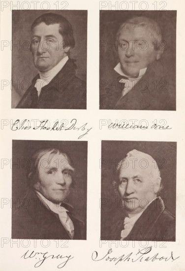 Elias Hasket Derby William Orne W Gray Joseph Peabody, Photo reproductions of a portrait of Elias Hasket Derby, William Gray, William Orne and Joseph Peabody, reproduction, page, photomechanical print, maker: Heliotype Printing Company, Boston (Massachusetts), after painting by James Frothingham, after painting by anonymous, after painting by Charles S. Osgood, c. 1869 - in or before 1879, photographer, North America, Massachusetts, paper, photoaquatint, height 241 mm x width 165 mm, Prints opposite page 130., Person, Elias Hasket Derby, William Orne, Joseph Peabody, merchant, salesman, Four rectangular portrait panels arranged in two columns and two rows, each showing a head-and-shoulders depiction of a man in period clothing against a dark background, all images rendered in a muted monochrome tone. The top left portrait shows a man with dark hair combed back, a high white collar, and a dark coat, looking slightly to his right. The top right portrait shows a man with lighter hair, a r...