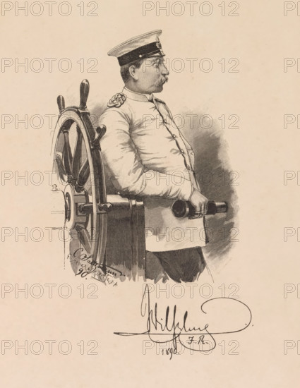 Kaiser Wilhelm's II. Reisen nach Norwegen in den Jahren 1889 bis 1892, book, writer (clerical worker): Paul Güssfeldt, publisher: Paetel, Gebrüder, Berlin, 1892, Paul Güssfeldt, Paetel, writer (clerical worker), publisher, pasteboard, biological material, paper, leather, printing, photoaquatint, veined marbled paper, color on cut, height 260 mm x width 181 mm x thickness 50 mm, A pen-and-ink drawing of a man in a uniformed jacket and peaked cap shown in profile, leaning against a ship's wooden wheel and holding a cylindrical object under his arm; the man has a mustache and a sideburn, the jacket has decorative shoulder knotting and visible buttons down the front, and the wheel shows spokes and handles with detailed wood grain; shading and crosshatching create shadow behind the figure and texture on the clothing; a large flowing signature-like flourish appears below the figure.
