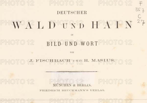 Deutscher Wald und Hain in Wort und Bild, book, painter: Johann Fischbach, writer (clerical worker): Hermann Masius, publisher: Friedrich Bruckmann's Verlag, Munich, c. 1879, Johann Fischbach, Hermann Masius, Friedrich Bruckmann's Verlag, writer (clerical worker), Bavaria, textile materials, pasteboard, paper, linen (material), albumen print, color on cut, height 207 mm x width 290 mm x thickness 35 mm, A cream-colored page with large centered black printed lettering and smaller lines of black type arranged vertically, a thin horizontal black line above a pale rectangular patch, faint smudges and brownish spots scattered across the paper, and a column of handwritten pencil marks along the right edge.
