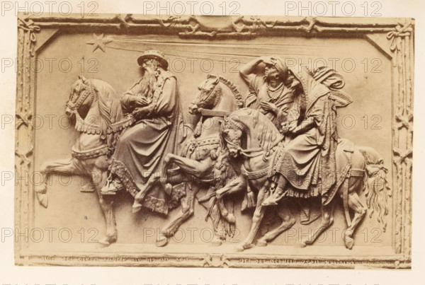Relief depicting the three wise men, photograph, page, c. 1863 - in or before 1868, photographer, paper, albumen print, height 97 mm x width 151 mm, Photo on frontispiece., the story of the three Wise Men (kings or Magi) (Matthew 2:1-12), sculpture (relief, sculpture), A rectangular relief panel framed with a decorative border shows three robed figures seated on horses moving to the right, each horse wearing ornate bridles and decorative trappings. The leftmost rider wears a wide-brimmed hat and long flowing beard, with draped clothing that falls over the horse’s flank; the central rider has a raised arm shading the eyes and layered garments with necklaces, while the rightmost rider has a head covering and a cloak with patterned edges, leaning slightly forward. The horses display detailed musculature and flowing manes and tails, with harnesses, tassels, and patterned saddle cloths. Above the riders a star with trailing lines appears in the upper area of the panel. The overall tone is s...