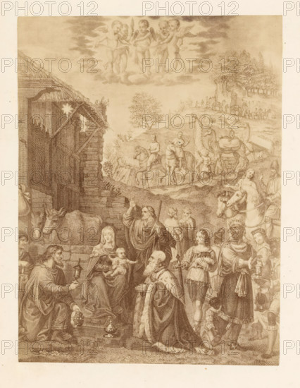 Photo reproduction of a print depicting the Adoration of the Magi, photograph, reproduction, page, after print by anonymous, c. 1863 - in or before 1868, photographer, after print by, paper, albumen print, albumendruk, height 132 mm x width 101 mm, adoration of the kings: the Wise Men present their gifts to the Christ-child (gold, frankincense and myrrh), A sepia-toned engraving depicting a nativity scene with a thatched stable at the left, animals visible near the entrance, and a woman seated holding an infant while a kneeling man presents a gift; surrounding them are robed and armored figures in various poses, some holding objects, one wearing a fur-lined cloak and another on horseback with a horse’s head visible; in the upper area cherubic figures hover on a cloud, and in the distant background riders on horses and camels travel along a hilly landscape with trees and a winding path.