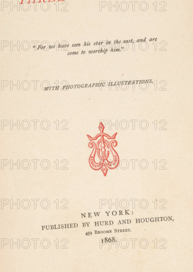 The three holy kings, book, inscription: 'To Katherine E. Fischer From Miss Epprect Christmas Dec 25, 1956', bookplate: 'ex libris Katherine E. Fischer', publisher: Hurd and Houghton, New York (city), 1868, North America, textile materials, pasteboard, linen (material), paper, printing, albumen print, color on cut, height 225 mm x width 147 mm x thickness 12 mm, A cream-colored page with a faint textured paper surface, showing a decorative red emblem near the center and a few scattered small brown specks; above the emblem a slanted line of dark serif printing and a short line of cursive-style dark text appear, and below the emblem there is a block of dark serif printing near the lower middle of the page.