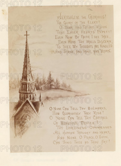 Photo reproduction of a verse from the poem The Celestial Country with illustrations, photograph, reproduction, page, writer (clerical worker): anonymous, c. 1884 - in or before 1885, photographer, writer (clerical worker), paper, albumen print, height 133 mm x width 96 mm, handwriting, written text, parts of church exterior and annexes: spire, A sepia-toned illustration showing the pointed spire of a Gothic-style church with decorative openings and a cross at its peak rising from a steep roof, with lightly sketched trees and a misty landscape in the background and blocks of hand-drawn script visible on the right side of the page.