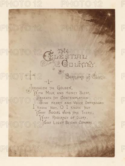 The celestial country, book, inscription: 'Easter, 1887. To Charlie from Mary', writer (clerical worker): Bernard de Cluny, publisher: Anson DF Randolph and Company, New York (city), 1885, writer (clerical worker), North America, textile materials, pasteboard, linen (material), paper, printing, albumen print, height 248 mm x width 188 mm x thickness 12 mm, A faded rectangular page with a textured, mottled background and a darker border, showing ornate decorative flourishes and a stylized ornamental motif near the upper center, a small starburst in the upper right corner, and a vertical column of handwritten lines in a neat decorative script running down the middle of the page, with a small decorative cross to the left of the column and subtle variations in shading across the surface.