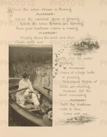 Woman in a rowing boat, page, photomechanical print, photographer: Mary Bartlett, United States of America, cliché maker: anonymous, c. 1884 - in or before 1894, North America, paper, photoaquatint, height 137 mm x width 74 mm, rowing-boat, canoe, adolescent, young woman, maiden, A sepia-toned page shows a tall narrow photograph on the left of a woman seated in a rowboat holding an oar with reeds and water behind her, and a column of ornamental handwritten verses and small ink illustrations to the right including flying birds, a small village skyline, and a small sketch of a boat on water, with decorative flourishes and a large decorative initial near the top.