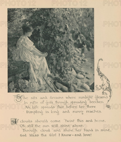 Woman sitting on a waterfront with trees, page, photomechanical print, photographer: Mary Bartlett, United States of America, cliché maker: anonymous, c. 1884 - in or before 1894, North America, paper, photoaquatint, height 132 mm x width 136 mm, adolescent, young woman, maiden, forest, wood, river bank, A monochrome photograph shows a young woman seated on a rocky, leaf-strewn bank beside a body of water, wearing a flowing, patterned dress with puffed sleeves and holding her hands together in her lap, her head turned slightly downward and hair pulled back; dense foliage and overhanging branches fill the background and extend toward the water where smooth stones line the shoreline, and a decorative floral scroll appears at the edge of the page.