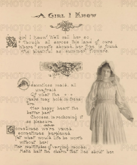 Portrait of an unknown girl in a white dress and with a white bonnet, page, photomechanical print, photographer: Mary Bartlett, United States of America, clichémaker: anonymous, c. 1884 - in or before 1894, North America, paper, photoaquatint, height 120 mm x width 70 mm, adolescent, young woman, maiden, dress, gown, A faded page with ornate printed lettering across the top and lines of decorative text down the left side, embellished with small floral and ornamental drawings, and a sketched rectangular floral vignette near the center; on the right side a grayscale illustration of a young girl wearing a long, gathered dress and a ruffled bonnet, standing with one arm slightly extended and a neutral facial expression.