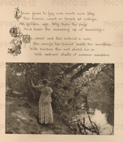 Woman on a waterfront with trees, page, photomechanical print, photographer: Mary Bartlett, United States of America, cliché maker: anonymous, c. 1884 - in or before 1894, North America, paper, photoaquatint, height 109 mm x width 165 mm, adolescent, young woman, maiden, river bank, A sepia-toned page showing a decorative printed poem at the top with ornate initial letters and small illustrative flourishes along the left margin above a large photograph; the photograph depicts a person in a long patterned dress standing on a sloped, leaf-strewn riverbank beneath overhanging tree branches, with water reflecting branches and light in the foreground and foliage and roots along the shore.