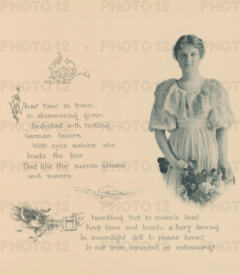 Portrait of an unknown woman with flowers in her hand, page, photomechanical print, photographer: Mary Bartlett, United States of America, cliché maker: anonymous, c. 1884 - in or before 1894, clichémaker, North America, paper, photoaquatint, height 135 mm x width 70 mm, adolescent, young woman, maiden, cut flowers, nosegay, bunch of flowers, A faded monochrome image showing the right half of a young woman standing and facing forward, wearing a light, ruffled dress with puffed sleeves and a gathered waist, holding a bouquet of flowers near her hip; decorative flourishes and an ornamental swirl are visible on the left side of the page, along with a small sketch of a landscape element near the center, and the background is a plain, light-toned paper.