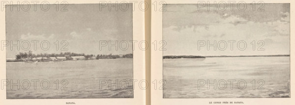 Banana, Photo reproduction of a drawing depicting a view of Banana, reproduction, page, photomechanical print, cliché maker: Stengel & Markert, Dresden, after drawing by L. Hille, Congo (country), in or after 1896 - in or before 1899, photographer, Saxony, paper, autotypie, height 89 mm x width 118 mm, harbour, city-view in general, 'veduta', A wide grayscale image spanning two pages with a vertical seam at center, showing calm water in the foreground and low shoreline across the middle; on the left side the shoreline features a row of small buildings and clusters of palm trees with a few small boats moored along the water, while the right side shows an extended, flatter shoreline with sparse vegetation under a sky filled with light, wispy clouds.