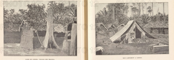 Mon campement a Liboko, Photo reproduction of a drawing depicting a tent in Liboko, reproduction, page, photomechanical print, cliché maker: Stengel & Markert, Dresden, after drawing by L. Hille, Congo (country), in or after 1896 - in or before 1899, photographer, Saxony, paper, autotypie, height 86 mm x width 119 mm, tent, A two-page spread shows two black-and-white illustrations framed on a light background separated by a vertical gap; the left illustration depicts a natural scene with a large tree trunk in the foreground, leafy plants and smaller trees behind it, and a partial view of a structure with a thatched roof and textured walls, while the ground in front appears uneven and shaded; the right illustration shows a pitched canvas tent with its entrance open, ropes anchoring it to the ground, various small objects and a chair visible inside the tent, a rectangular box or chest on the ground nearby, and dense vegetation and simple thatched structures in the background.