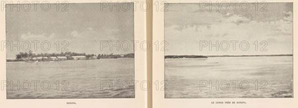 Le Congo près de Banana, Photo reproduction of a drawing depicting a view of the Congo River near Banana, reproduction, page, photomechanical print, cliché maker: Stengel & Markert, Dresden, after drawing by L. Hille, Congo (land), in or after 1896 - in or before 1899, photographer, Saxony, paper, autotypie, height 89 mm x width 120 mm, river, A pair of grayscale rectangular images set side by side on a light background, each showing a wide expanse of water in the foreground and a distant shoreline near the middle; the left image shows a low line of buildings and palm trees along the shore with a small boat moored near them and a mostly clear sky above, while the right image shows a thin strip of land with low vegetation along the horizon and an open, textured sky with scattered clouds above the calm water.
