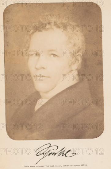 Photo reproduction of a painting depicting a portrait of Carl Friedrich Schinkel, Carl Friedrich Schinkel, photograph, reproduction, page, after painting by Karl Begas (I), c. 1858 - in or before 1863, photographer, paper, salted paper print, height 124 mm x width 90 mm, Photo for page 183., Person, Karl Friedrich Schinkel, portrait, self-portrait of architect, A faded sepia portrait of a man shown from the shoulders up in a rounded-rectangle frame, facing slightly to the viewer's left with a neutral expression, short wavy hair, light skin tone, and visible ear; he wears a high-collared garment and dark outer clothing, and the background inside the frame is a mottled darker tone while the surrounding border is lighter.