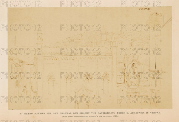 Photo reproduction of a drawing depicting an exterior of the Chiesa di San Pietro Martire in Verona, S. Pietro Schinkel mir dem Grabmal der Grafen von Castelbarco neben S. Anastasia in Verona, photograph, reproduction, page, inscription: '(nach einer, 1824.)', after drawing by Karl Friedrich Schinkel, Verona, c. 1858 - in or before 1863, photographer, paper, albumen print, height 96 mm x width 157 mm, church (exterior), Chiesa di San Pietro Martire, A faded sepia drawing of a large Gothic building facade with pointed arches and decorative detailing, showing arched windows with tracery and a circular rose window, flanked by towers and ornate sculptural elements; additional building outlines and rooftops appear in the background, and a vertical column of architectural details runs along the right edge of the image, all rendered with light, fine pencil lines on a pale rectangular sheet mounted on a wider pale background.