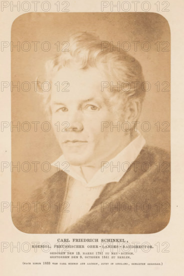 Carl Friedrich Schinkel, Photographic reproduction of a painting, depicting a portrait of Carl Friedrich Schinkel, photograph, reproduction, page, inscription: 'Koenigl., zu Berlin.', after painting by Carl Schmid, c. 1858 - in or before 1863, photographer, paper, salted paper print, height 124 mm x width 89 mm, Photo for page 139., Person, Karl Friedrich Schinkel, portrait, self-portrait of architect, A sepia-toned portrait of a light-haired man shown from the chest upward, with softly curled hair, a high white collar, and a dark coat draped over his shoulders, set against a plain background and framed with rounded corners.