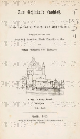 Aus Schinkel's Nachlass, book, writer (clerical worker): Karl Friedrich Schinkel, publisher: Verlag der könglichen Geheimen Ober-Hofbuchdruckerei, Berlin, compiler (person in literature): Karl August Alfred Freiherr von Wolzogen, 1862 - 1863, Karl Friedrich Schinkel, Verlag der könglichen Geheimen Ober-Hofbuchdruckerei, Karl August Alfred Freiherr von Wolzogen, writer (clerical worker), publisher, compiler (person in literature), textile materials, pasteboard, linen (material), paper, printing, albumen print, salted paper print, height 221 mm x width 140 mm x thickness 41 mm, A cream-colored page with ornate printed headings at the top, a hand-drawn sketch of a domed waterfront building and adjacent structures with small boats and masts in the water below, and a few areas of pencil markings along the right margin; the page shows faint age spots and light discoloration.