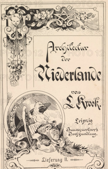 Poem to Ihre Majestät Marie Sophie, Queen of both Sicilies born. Herzogin in Bayern, book, bookplate: 'Friedrich Treyherr Gross von Trockau', writer (clerical worker): various makers, compiler (person in literature): Johann Baptist Vogl, compiler (person in literature): Friedrich Wolf, 1861, writer (clerical worker), compiler (person in literature), pasteboard, paper, printing, albumen print, height 145 mm x width 114 mm x thickness 15 mm, A rectangular cream-colored page with an ornate black ink border and decorative corner flourishes, containing intricate line-drawn ornamentation including floral swags and scrollwork along the top and left edges, a stylized cherubic face at the top left with leafy garlands hanging below it, and a circular medallion toward the lower left featuring a detailed bird with spread wings perched on drapery and holding a shield, surrounded by additional ribbons, leaves, and curved decorative elements.