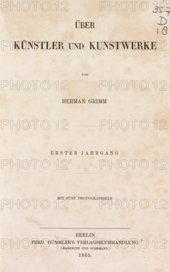 Über Künstler und Kunstwerke, book, inscription: 'In Ferd. Dümmler's, Todtenmaske Shakespeare's.', writer (clerical worker): Herman Grimm, publisher: Ferd. Dümmler's Verlags-Buchhandlung, Berlin, 1865, Herman Grimm, Ferd. Dümmler's Verlags-Buchhandlung, writer (clerical worker), textile materials, pasteboard, linen (material), paper, printing, albumen print, fantasy marbled paper, height 229 mm x width 157 mm x thickness 12 mm, A vertically oriented aged paper page with a mottled beige and brown background and several lines of dark printed text arranged down the center, including a large bold heading near the top, smaller centered lines of type in the middle, thin horizontal divider lines, and a block of text near the lower portion; there are pencil marks in the upper right corner and faint blemishes and spots scattered across the surface.