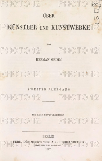 Über Künstler und Kunstwerke II, book, writer (clerical worker): Herman Grimm, publisher: Ferd. Dümmler's Verlags-Buchhandlung, Berlin, 1867, Herman Grimm, Ferd. Dümmler's Verlags-Buchhandlung, writer (clerical worker), textile materials, pasteboard, linen (material), paper, printing, albumen print, fantasy marbled paper, height 229 mm x width 157 mm x thickness 28 mm, A lightly aged book title page on cream paper with faint brown spots and smudges around the edges, featuring centered lines of dark printed type across the page, horizontal rules separating sections, and a vertical margin with handwritten markings near the top right; the paper shows subtle discoloration and small specks throughout.