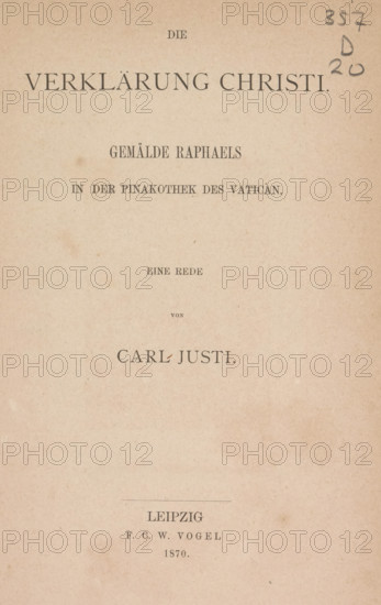 Die Verklärung Christi, book, writer (clerical worker): Carl Justi, publisher: Friedrich Christian Wilhelm Vogel, Leipzig, 1870, writer (clerical worker), Saxony, textile materials, pasteboard, linen (material), paper, printing, albumen print, veined marbled paper, height 222 mm x width 140 mm x thickness 6 mm, A single aged beige page with centered lines of dark serif text arranged in a vertical layout, showing larger bold heading text near the top, smaller headings and lines of text spaced down the page, a short horizontal rule toward the lower middle, and a small handwritten pencil mark in the upper right corner; the paper shows subtle mottling and faint spots and has a slightly darker edge along the sides.