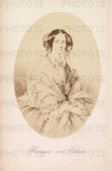 Daughter of Orleans, Photographic reproduction of a painting, depicting a portrait of Helene Luise Elisabeth zu Mecklenburg-Schwerin, photograph, reproduction, page, after painting by anonymous, c. 1857 - in or before 1862, photographer, paper, albumen print, height 122 mm x width 86 mm, Photo on frontispiece., Person, Helene of Mecklenburg-Schwerin, adult woman, A sepia-toned oval portrait of a seated woman wearing a voluminous dress with layered lace and ruffles, her dark hair parted in the middle and adorned with floral decorations at the sides, her hands folded gently in her lap, and a delicate lace collar and bow at her neckline.