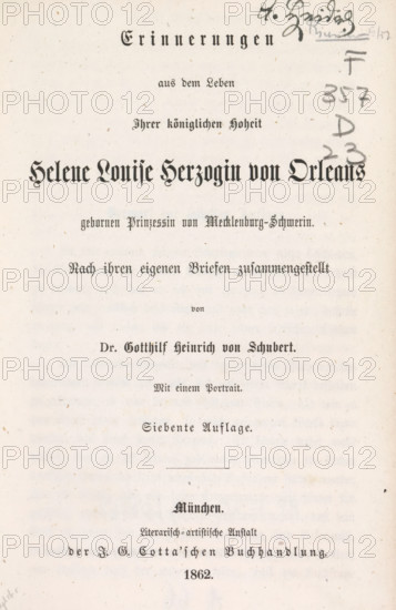 Erinnerungen aus dem Leben Ihrer königlichen Hoheit Helene Louise Herzogin von Orleans born Prinsessin von Mecklenburg-Schwerin, book, name: 'A. ..as', writer (clerical worker): Helene van Mecklenburg-Schwerin, publisher: JG Cotta, Munich, compiler (person in literature): Gotthilf Heinrich von Schubert, 1862, writer (clerical worker), compiler (person in literature), Bavaria, textile materials, pasteboard, linen (material), paper, printing, albumen print, color on cut, height 191 mm x width 125 mm x thickness 17 mm, A cream-colored page with a textured paper surface and scattered small brown flecks, showing lines and bands of printed ornamental text in various black typefaces arranged down the page, with a darker ornate headline centered near the top and additional lines of smaller decorative text below; a cluster of handwritten pencil marks and scribbles appears near the upper right margin, and a short horizontal printed rule is visible near mid-lower area, with faint irregular spots ...