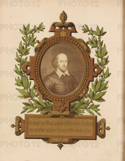 Photo reproduction of a portrait of William Shakespeare, photograph, reproduction, page, inscription: 'Er war ein Man nehmt alles nur in allem ihr werket nimmer seines Bleichen sehn', after print by anonymous, c. 1854 - in or before 1864, photographer, after print by, paper, albumen print, albumendruk, height 50 mm x width 41 mm, Photo opposite title page., Person, William Shakespeare, portrait of a writer, An ornate oval portrait set within a decorative frame is centered on the page, the frame rendered with carved scrollwork and bead-like detailing and topped by a small finial; inside the oval is a sepia-toned likeness of a man wearing a high-collared shirt and a dark garment with visible texture, his face pale against a darker background and his hair curly at the sides. Green laurel-like branches with leaves and small berries flank the framed portrait on both sides, their stems and foliage woven into the frame. Below the oval, a rectangular panel with decorative borders extends from ...