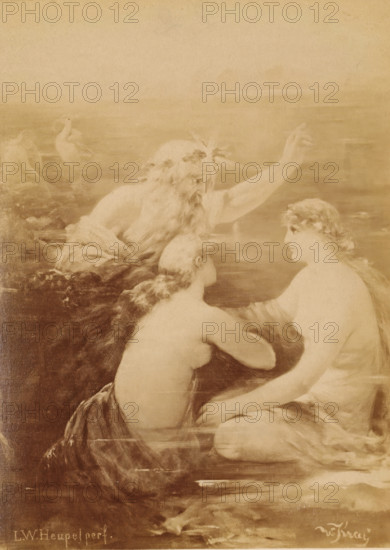 Photo reproduction of a painting of sirens and presumably Phorcys, photograph, reproduction, page, name: 'LW Heupelperf.', photographer: Franz Hanfstaengl, Munich, after painting by Wilhelm Kray, c. 1880 - in or before 1890, Bavaria, paper, albumen print, height 137 mm x width 98 mm, Sirens (classical mythology), A sepia-toned image depicting three partially submerged figures in water, two facing away and one turned toward them, with flowing hair and draped fabric; an older bearded figure raises an arm above the others while leaning forward, and faint shapes of birds appear in the background above the water.