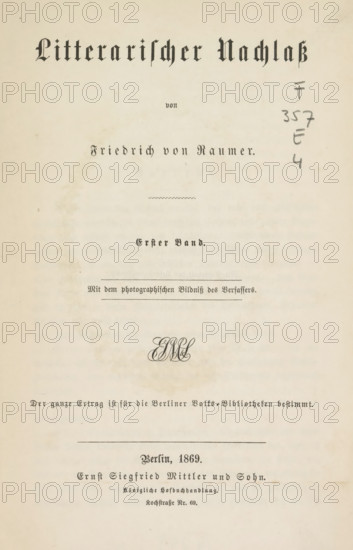 Portrait of Friedrich Ludwig Georg von Raumer, photograph, page, c. 1859 - in or before 1869, photographer, paper, albumen print, height 79 mm x width 59 mm, Photo opposite title page., Person, Friedrich von Raumer, portrait of a writer, A faded cream page with dark ornate printed lines and decorative flourishes centered vertically, featuring a large ornate heading across the top, several smaller centered headings and a decorative wavy rule, a handwritten vertical column in pencil along the right margin, a stylized interlaced monogram near the middle, thin horizontal rules, and scattered light foxing and age spots across the paper.