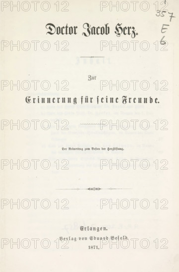 Doctor Jacob Hertz : zur Erinnerung für seine Freunde, book, publisher: Verlag von Eduard Befold, Erlangen, 1871, Bavaria, pasteboard, paper, albumen print, albumendruk, height 220 mm x width 143 mm xthickness 8mm, A mostly blank off-white page with ornate black decorative elements and heavy blackletter-style printed headings centered near the top and middle, a thin horizontal ornamental divider in the center of the page, faint decorative marks and light smudges across the paper, and a small cluster of pencil marks and numbers visible near the top right edge.