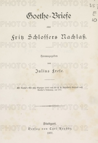 Goethe-Briefe from Fritz Schlossers Nachlass, book, name: 'Consul Max A. Seeger. 19, 10 1890', writer (clerical worker): Julius Frese, publisher: Verlag von Carl Krabbe, Stuttgart, 1877, writer (clerical worker), Baden-Württemberg, textile materials, pasteboard, paper, linen (material), albumen print, agate marbled paper, height 232 mm x width 165mm x thickness 17mm, A vertically oriented aged paper page with faded beige and brown spots, centered ornamental horizontal divider near the middle, several lines of black ornate printed typography arranged in a column across the upper and lower portions, and light pencil markings near the upper right edge.