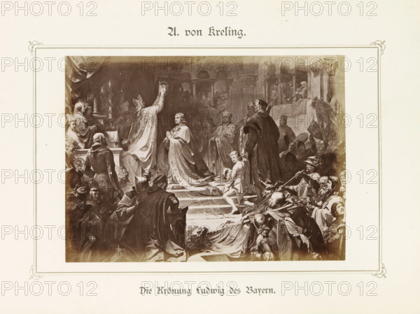 Photo reproduction of a painting depicting the coronation of Emperor Ludwig the Bavarian, Die Krönung Ludwig des Bayern, photograph, reproduction, page, after painting by August von Kreling, c. 1875 - c. 1880, photographer, paper, albumen print, height 96 mm x width 131 mm, Photo after page 48., Person, Ludwig the Bavarian (Holy Roman Emperor), emperor, coronation of a ruler, A large rectangular sepia illustration centered on a cream page shows a ceremonial scene with many figures on a stepped platform and in surrounding space; a robed figure raises an object above a kneeling central figure who wears a long decorated cloak and holds hands together, while attendants, nobles in ornate clothing and helmets, and seated musicians occupy the sides and background beneath an arched architectural setting with columns; the foreground includes people in varied poses, some reclining and some turned toward the central figures, with drapery, banners, armor, and floral elements visible around the sce...