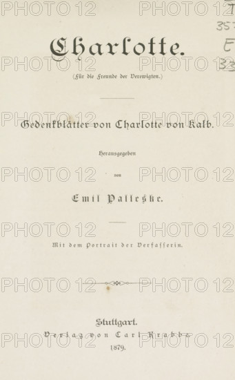 Charlotte, book, writer (clerical worker): Emil Palleske, publisher: Verlag von Carl Krabbe, Stuttgart, 1879, writer (clerical worker), Baden-Württemberg, pasteboard, biological material, leather, paper, printing, albumen print, height 223 mm x width 158 mm x thickness 21 mm, The image shows a vertical page with ornate blackletter headings and smaller serif text printed on a cream-colored background, including a large decorative title near the top, a thin horizontal rule, centered lines of varying type sizes, a small decorative flourish above a spot, and faint pencil marks along the right edge.