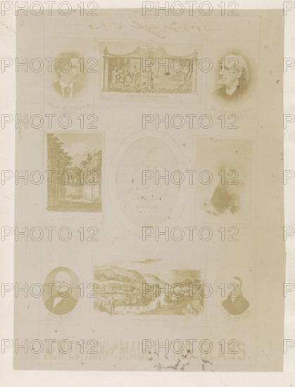 Photo reproduction of a photo collage with portraits of members of the Gaillard family, photograph, reproduction, page, after photo by anonymous, c. 1865 - in or before 1870, photographer, paper, albumen print, height 161 mm x width 121 mm, Photo on first flyleaf., family lineage, pedigree, genealogical tree or table, A faded sheet containing multiple sepia-toned vignette images arranged in a grid, including portrait busts of men with formal clothing and facial hair at the top corners, a central framed scene with classical columns and small figures, a landscape image showing architectural ruins, an oval area with a faint heraldic shield, a coastal or cliffside scene with a distant structure, and a larger pastoral valley view toward the lower center, all surrounded by a wide margin and showing spots, smudges, and light discoloration across the surface.