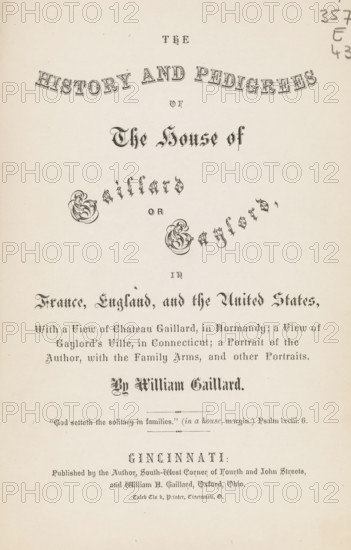 The history and pedigrees of the house of Gaillard or Gaylord, in France, England, and the United States, book, inscription: 'Cora Gaylord Ryan 413 ... NY', writer (clerical worker): William Gaillard, printer (person): Caleb Clark, Cincinnati, 1870, writer (clerical worker), printer (person), North America, textile materials, pasteboard, linen (material), paper, printing, albumen print, height 253 mm x width 168 mm x thickness 5 mm, A cream-colored page with decorative black ornate lettering arranged in curved and straight lines across the upper and middle areas, featuring stylized flourishes and embellished initials, a pair of ornate circular decorative motifs flanking smaller decorative elements in the center, and a horizontal ornamental divider above a lower block of small ornamental text and a final centered line of larger decorative lettering, with faint pencil markings at the top right and light aging spots on the paper.