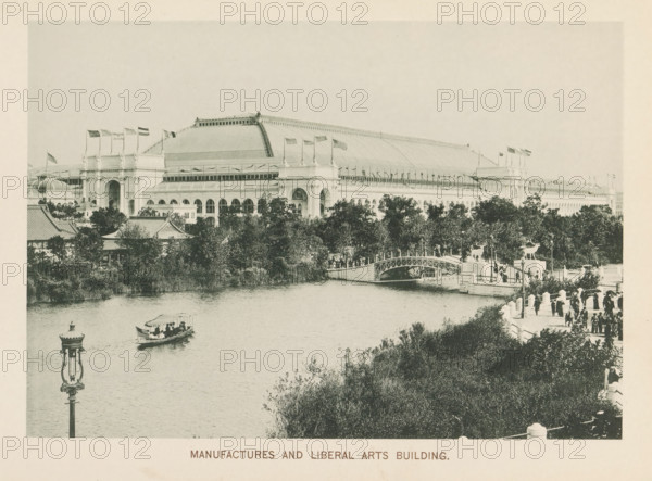 Manufactures and Liberal Arts Building, View of the Engineering and Liberal Arts Building during the World's Columbian Exposition in Chicago in 1893, page, photomechanical print, number: 'Plate I', photographer: Charles Dudley Arnold, Chicago, photographer: HD Higinbotham, clichémaker: anonymous, 1893, Charles Dudley Arnold, HD Higinbotham, photographer, clichémaker, North America, Illinois, paper, collotype, photogravure, height 134 mm x width 190 mm, world fair, world exhibition, World's Columbian Exposition, A large classical exhibition building with a domed roof and rows of arched windows sits behind a treeline along a riverbank, numerous flagpoles with flags lined along its roofline, ornate entrance arches, and decorative rooftop elements. In the foreground a river is visible with a covered small boat carrying passengers, a decorative lamppost near the water, a pedestrian bridge spanning the water with people crossing, and a riverside promenade crowded with walking figures and sta...