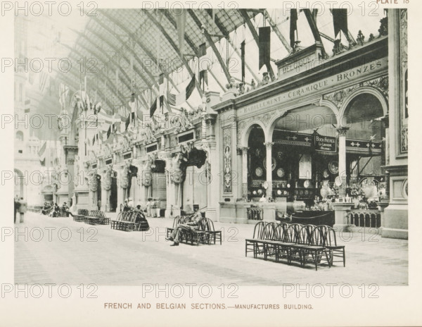 French and Belgian sections.- Manufactures Building, Exhibition of France and Belgium in the technical building during the World's Columbian Exposition in Chicago in 1893, page, photomechanical print, number: 'Plate 10', photographer: Charles Dudley Arnold, Chicago, photographer: HD Higinbotham, clichémaker: anonymous, 1893, Charles Dudley Arnold, HD Higinbotham, photographer, clichémaker, North America, Illinois, paper, collotype, photogravure, height 133 mm x width 190 mm, world fair, world exhibition, World's Columbian Exposition, A wide indoor scene shows a long arcade with a high arched glass and metal roof decorated with hanging flags and pennants, ornate classical facades lining the right side featuring columns, arches, sculpted figures, and decorative reliefs, and display areas containing vases and decorative objects visible through the arches; rows of identical wooden chairs are arranged along the open floor, with a few seated and standing people in period clothing scattered n...