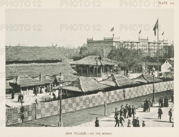 View of houses from Java at the World's Columbian Exposition in Chicago in 1893, Java village.- on the Midway, page, photomechanical print, number: 'Plate 103', photographer: Charles Dudley Arnold, Chicago, photographer: HD Higinbotham, cliché maker: anonymous, 1893, Charles Dudley Arnold, HD Higinbotham, photographer, cliché maker, North America, Illinois, paper, collotype, photoprint, height 133 mm x width 189 mm, world fair, world exhibition, World's Columbian Exposition, A wide scene showing a collection of thatched-roof pavilions and larger straw-covered structures behind a woven fence, with people walking and standing along a paved pathway in front of the enclosure; tall lamp posts line the path and flags fly atop tall poles near the buildings, and behind the village a multi-story brick building with decorative roof elements and trees is visible against a pale sky.