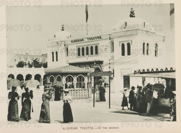 Algerian theatre-on the Midway, View of a theatre at Algeria's participation in the World's Columbian Exposition in Chicago in 1893, page, photomechanical print, number: 'Plate 106', photographer: Charles Dudley Arnold, Chicago, photographer: HD Higinbotham, clichémaker: anonymous, 1893, North America, Illinois, paper, collotype, photogravure, height 133 mm x width 190 mm, theatre (building), world fair, world exhibition, World's Columbian Exposition, A street scene in front of a large ornate building with domed roofs and arched windows, featuring decorative patterned facades and a flagpole extending upward from the roof. A smaller pavilion with scalloped arches and intricate latticework sits near the building, and a freestanding signpost stands beside it. Groups of people in period clothing are gathered in the foreground and near the pavilion; several women hold parasols and wear long dresses and hats, while other figures wear suits and hats, some clustered around a covered stall with...