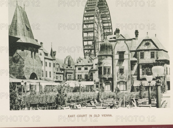 East court in old Vienna, View of a square with replicas of historic buildings at the World's Columbian Exposition in Chicago in 1893, page, photomechanical print, number: 'Plate 109', photographer: Charles Dudley Arnold, Chicago, photographer: HD Higinbotham, cliché maker: anonymous, 1893, Charles Dudley Arnold, HD Higinbotham, photographer, cliché maker, North America, Illinois, paper, collotype, photoprint, height 133 mm x width 191 mm, world fair, world exhibition, World's Columbian Exposition, A black and white scene of a European-style courtyard with rows of wooden chairs in the foreground and a variety of ornate buildings behind them, featuring steep roofs, turrets, arched windows, decorative façades, and a rounded tower with a conical roof; a large Ferris wheel rises behind the buildings, showing its spokes and passenger platforms; awnings and storefronts line the ground level beneath the buildings, and a lamp post with a rounded top stands on the right side of the image.