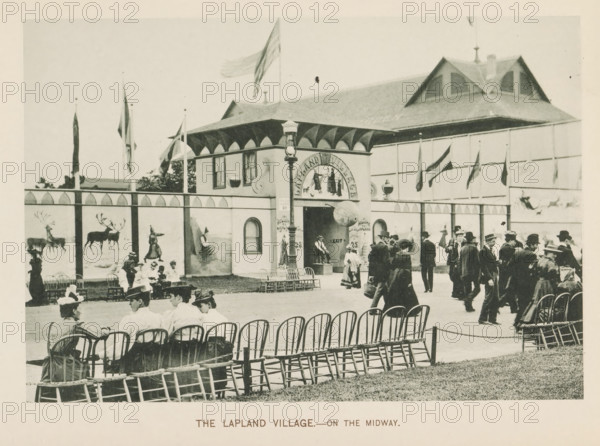 View of the entrance to a replica of a village from Sápmi (Lapland) at the World's Columbian Exposition in Chicago in 1893, The Lapland village-on the Midway, View of the entrance to a replica of a village from Lapland at the World's Columbian Exposition in Chicago in 1893 (former title), page, photomechanical print, number: 'Plate 111', photographer: Charles Dudley Arnold, Chicago, photographer: HD Higinbotham, clichémaker: anonymous, 1893, North America, Illinois, paper, collotype, photogravure, height 131 mm x width 191 mm, Europeans: Sami, world fair, world exhibition, World's Columbian Exposition, A sepia-toned outdoor scene shows a low building with decorative arches along its upper facade and a peaked roof with dormer windows and flagpoles. A tall lamp post stands near the building entrance, which is set into a small pavilion with painted scenes on its walls and a round ornamental feature above the doorway. Panels along a surrounding wall display painted images of reindeer and f...