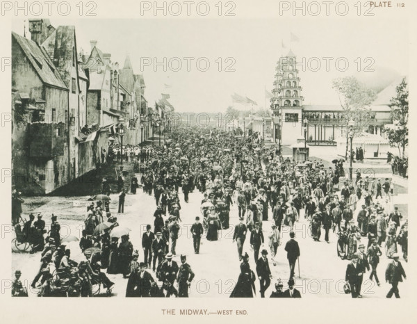 The Midway.- west end, View of a street with country pavilions at the World's Columbian Exposition in Chicago in 1893, page, photomechanical print, number: 'Plate 112', photographer: Charles Dudley Arnold, Chicago, photographer: HD Higinbotham, cliché maker: anonymous, 1893, Charles Dudley Arnold, HD Higinbotham, photographer, cliché maker, North America, Illinois, paper, collotype, photoprint, height 134 mm x width 190 mm, world fair, world exhibition, World's Columbian Exposition, A crowded promenade filled with numerous people walking in various directions, many wearing hats and long coats, some carrying umbrellas, and a few pushing or riding bicycles; on the left a row of tall narrow buildings with steep roofs and windows, and people standing on balconies and leaning from windows; toward the center and back there are flags on poles and a large crowd extending into the distance; on the right a multi-tiered tower structure with open arches and a covered walkway beside it, trees nearb...
