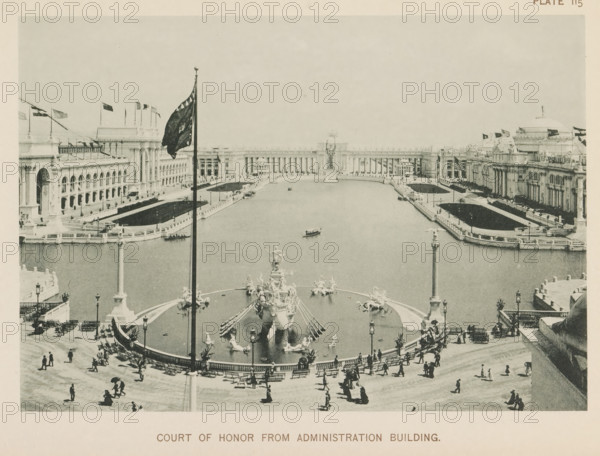 View of the central plaza of the World's Columbian Exposition in Chicago in 1893 with a large pond in the center containing a fountain by Frederick William MacMonnies, Court of Honor from Administration Building, page, photomechanical print, number: 'Plate 115', photographer: Charles Dudley Arnold, Chicago, photographer: HD Higinbotham, clichémaker: anonymous, 1893, Charles Dudley Arnold, HD Higinbotham, photographer, clichémaker, North America, Illinois, paper, collotype, photogravure, height 133 mm x width 190 mm, ornamental fountain, pond, pool, world fair, world exhibition, World's Columbian Exposition, A wide aerial view of a large rectangular basin framed by ornate railings and walkways with a central sculptural fountain featuring figures and horses mounted on platforms, boats floating on the water, a tall flagpole with a dark flag in the foreground, formal buildings with colonnades and arched facades lining both sides of the basin, landscaped lawns beside the walkways, lampposts...