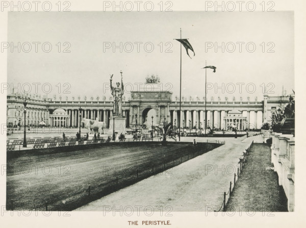 View of the colonnaded entrance gate of the World's Columbian Exposition in Chicago in 1893, The peristyle, page, photomechanical print, number: 'Plate 12', photographer: Charles Dudley Arnold, Chicago, photographer: HD Higinbotham, cliché maker: anonymous, 1893, Charles Dudley Arnold, HD Higinbotham, photographer, cliché maker, North America, Illinois, paper, collotype, photoprint, height 132 mm x width 191 mm, colonnade, arch, archivolt, architecture, world fair, world exhibition, World's Columbian Exposition, A wide plaza with a long colonnaded building stretching across the background, topped by a line of statues and a central arch flanked by sculptural details, a tall statue of a robed figure on a pedestal standing near the center foreground with two large animal statues nearby, rows of benches and lampposts along paved walkways, tall flagpoles with flags flying, scattered groups of people walking or standing, planted areas with low fences and ornamental plants, and a broad open d...