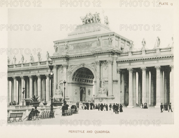 View of the colonnaded entrance arch of the World's Columbian Exposition in Chicago in 1893, Peristyle and quadriga, page, photomechanical print, number: 'Plate 13', photographer: Charles Dudley Arnold, Chicago, photographer: HD Higinbotham, cliché maker: anonymous, 1893, Charles Dudley Arnold, HD Higinbotham, photographer, cliché maker, North America, Illinois, paper, collotype, photoprint, height 133 mm x width 191 mm, colonnade, arch, archivolt, architecture, world fair, world exhibition, quadriga, World's Columbian Exposition, A wide stone façade with tall fluted columns and ornate capitals supports a high entablature topped by sculpted figures and a rectangular central archway with decorative reliefs and a coffered underside; statues and carved ornamentation flank the arch and sit along the balustrade above, including a group of horse-mounted figures on the raised central block; lamp posts, planters with large plants, rows of benches, and groups of people in period clothing occupy...