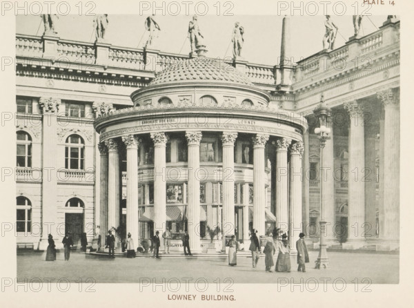 Pavilion of the Lowney Chocolate Factory at the World's Columbian Exposition in Chicago in 1893, Lowney building, page, photomechanical print, number: 'Plate 14', photographer: Charles Dudley Arnold, Chicago, photographer: HD Higinbotham, cliché maker: anonymous, 1893, Charles Dudley Arnold, HD Higinbotham, photographer, cliché maker, North America, Illinois, paper, collotype, photoprint, height 133 mm x width 190 mm, world fair, world exhibition, World's Columbian Exposition, A sepia-toned photograph of a classical building facade featuring a rounded colonnade with tall fluted columns topped by ornate Corinthian capitals supporting a curved entablature and a domed roof with a patterned surface, the dome ringed by decorative molding and small arched openings beneath it; statues stand along the roofline and a row of balustrades runs behind them, while adjacent portions of the building show pilasters, arched windows, carved ornamentation, and a large portico with additional columns; in f...