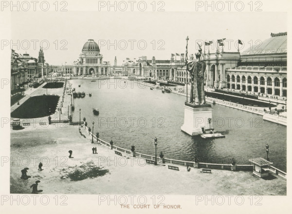 The Court of Honor, View of the central plaza of the World's Columbian Exposition in Chicago in 1893 with a large pond in the center containing the statue by Daniel Chester French, representing a personification of the republic, page, photomechanical print, number: 'Plate 15', photographer: Charles Dudley Arnold, Chicago, photographer: HD Higinbotham, cliché maker: anonymous, 1893, Charles Dudley Arnold, HD Higinbotham, photographer, cliché maker, North America, Illinois, paper, collotype, photogravure, height 128 mm x width 192 mm, piece of sculpture, reproduction of a piece of sculpture, world fair, world exhibition, World's Columbian Exposition, A wide aerial view of a formal water basin surrounded by grand classical buildings with arched colonnades and a large domed structure at the far side; a tall statue of a robed figure holding a staff stands on a pedestal in the water near the right foreground with small boats moored beside it; promenades with balustrades, benches, lampposts, ...