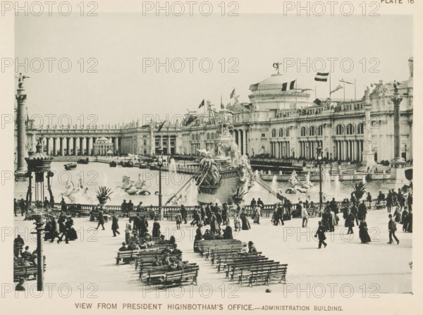 View of the central plaza of the World's Columbian Exposition in Chicago in 1893 with a large pond in the center containing a fountain by Frederick William MacMonnies, View from President Higinbotham's office.- Administration Building, page, photomechanical print, number: 'Plate 16', photographer: Charles Dudley Arnold, Chicago, photographer: HD Higinbotham, clichémaker: anonymous, 1893, North America, Illinois, paper, collotype, photoprint, height 134 mm x width 191 mm, ornamental fountain, pond, pool, world fair, world exhibition, World's Columbian Exposition, A wide plaza with rows of benches and many people walking and sitting fills the foreground, with ornate lamp posts and decorative railings along the edge. Beyond the plaza a large ornamental fountain features sculpted figures and water jets, flanked by pools with additional statues of horses and human forms. Behind the fountain an expansive neoclassical building with arched windows, columns, sculpted reliefs, domed roof structu...