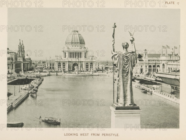 View of the central plaza of the World's Columbian Exposition in Chicago in 1893 with the statue by Daniel Chester French in the foreground, representing a personification of the republic, Looking west from peristyle, page, photomechanical print, number: 'Plate 17', photographer: Charles Dudley Arnold, Chicago, photographer: HD Higinbotham, clichémaker: anonymous, 1893, Charles Dudley Arnold, HD Higinbotham, photographer, clichémaker, North America, Illinois, paper, collotype, photogravure, height 133 mm x width 190 mm, piece of sculpture, reproduction of a piece of sculpture, pond, pool, world fair, world exhibition, World's Columbian Exposition, A sepia-toned panoramic scene shows a large domed building centered in the distance across a broad rectangular water basin, with ornate classical facades, columns, and sculptural details along its front. In the foreground a tall statue of a robed figure is seen from behind standing on a pedestal, holding a staff in one hand and a small orb wi...